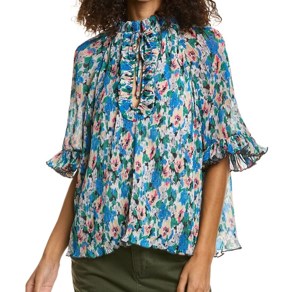 Ganni Floral Pleated Ruffled Neck Blouse in Blue, Pink, Green